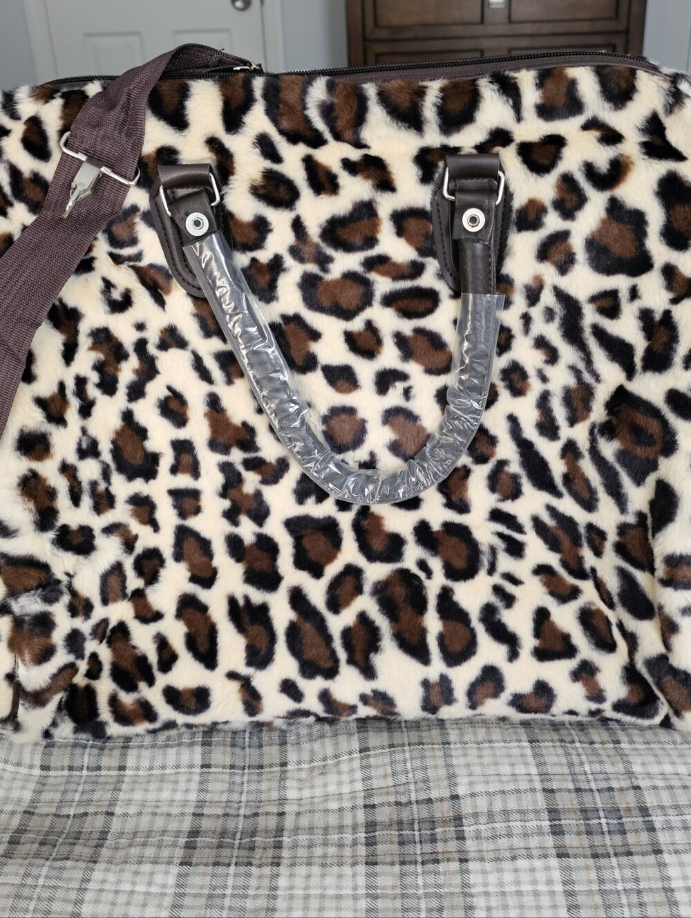Leopard Print Faux Fur Tote Bag - Brown/Black